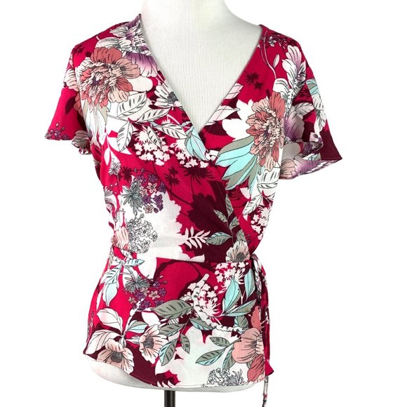 Ellen Tracy Tops - 🟢 ELLEN TRACY Women's Size Small V-Neck Floral Short Sleeve Wrap Tunic Blouse